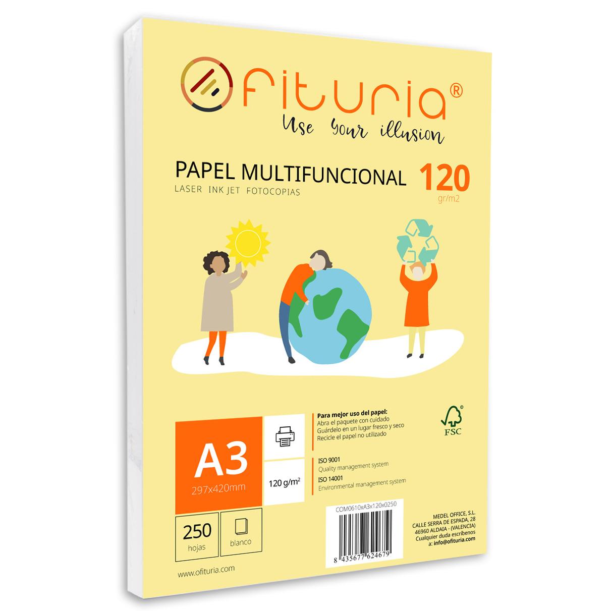 Paquete de folios A3 de 120gr con 250 Hojas Blancas, Papel Multifuncional para Uso Escolar y Entornos Laborales. Ideal con impresoras láser, de inyección o fotocopiadoras - Ofituria