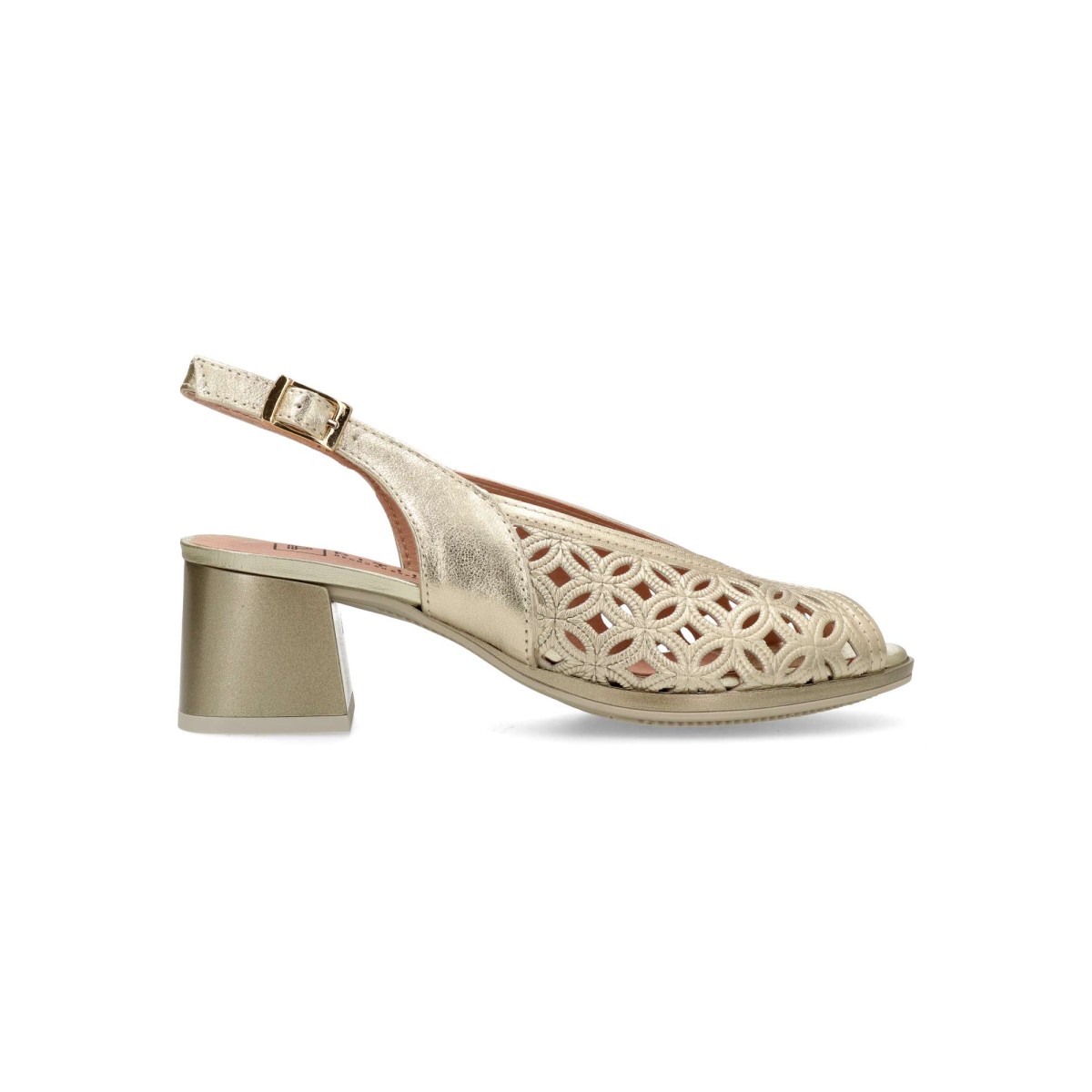 PITILLOS - Sandalia de vestir para mujer con hebilla, piel premium y suela de goma, tacón 5 cm, color oro, modelo versátil cómodo para eventos y uso diario