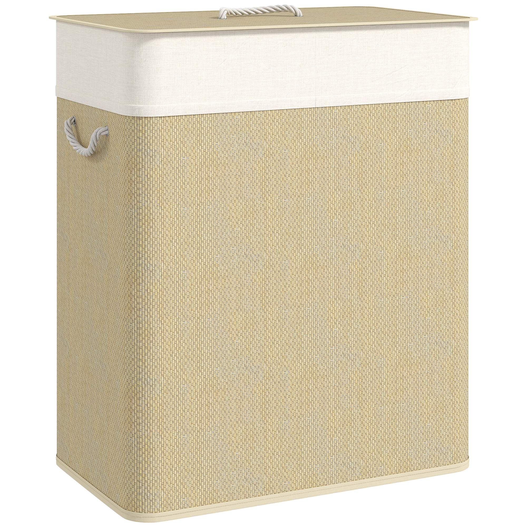 HOMCOM Cesto de Ropa Sucia con Tapa 100L Cesta Colada de Bambú con 2 Compartimentos Bolsa Interior Extraíble para Lavandería Dormitorio 52x32x63 cm Natural