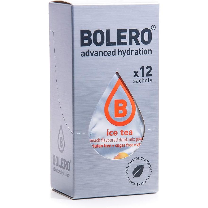 Bolero Sticks Té Helado Sabor Melocotón, Caja de 12x3g. El preparado en polvo para tu botella de agua, sin azúcar y con Stevia para una hidratación instantánea y refrescante.