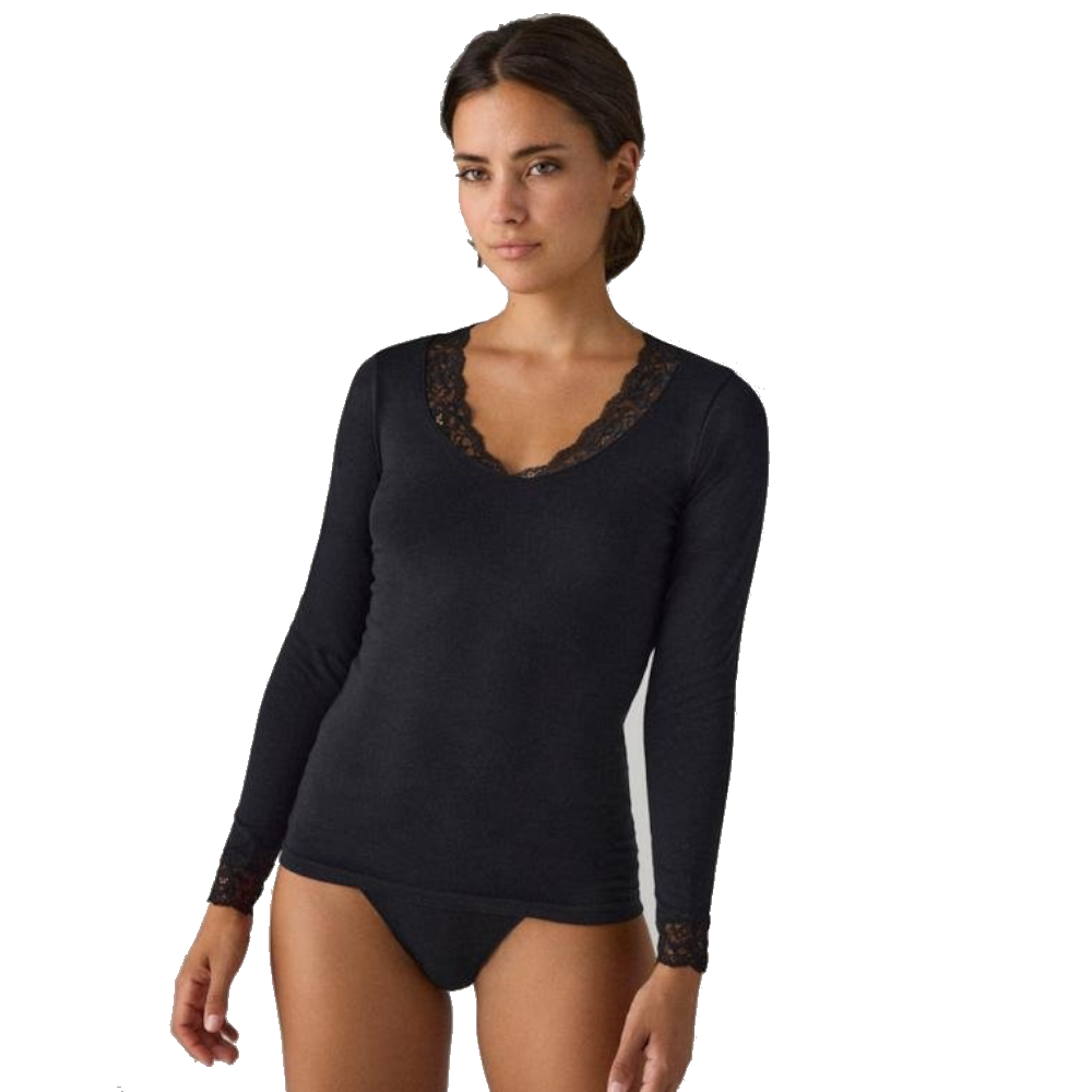 Camiseta manga larga con encaje en escote en forma y puños de marca YSABEL MORA