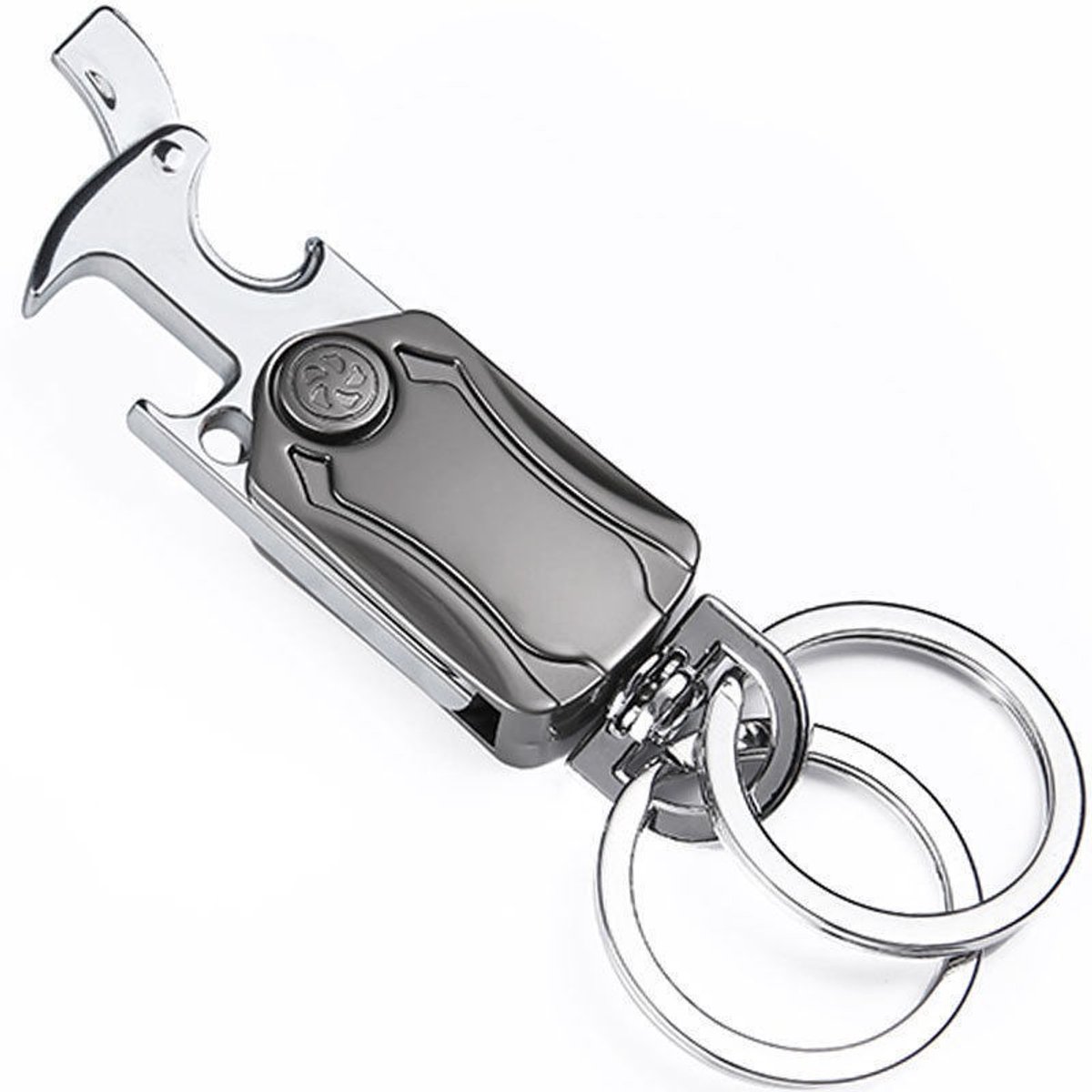 Multifunctionele sleutelhanger, 1 heren autosleutelhanger, karabijnhaak, flesopener, zwarte metalen flesopener.
