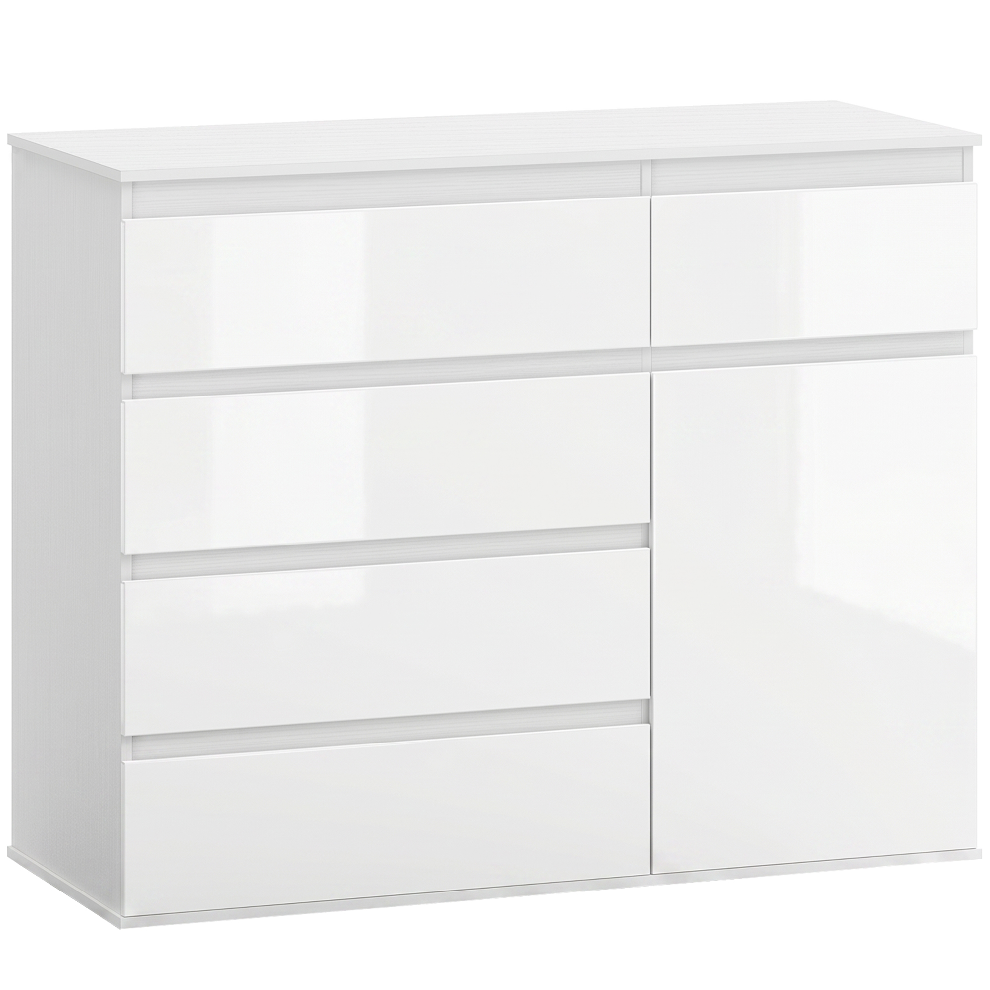 HOMCOM Aparador con 5 Cajones, Aparador de Salón con Estantes Ajustables, Puerta de Cierre Suave, para Cocina, Entrada, Dormitorio, Blanco Brillo, 100x40x80 cm