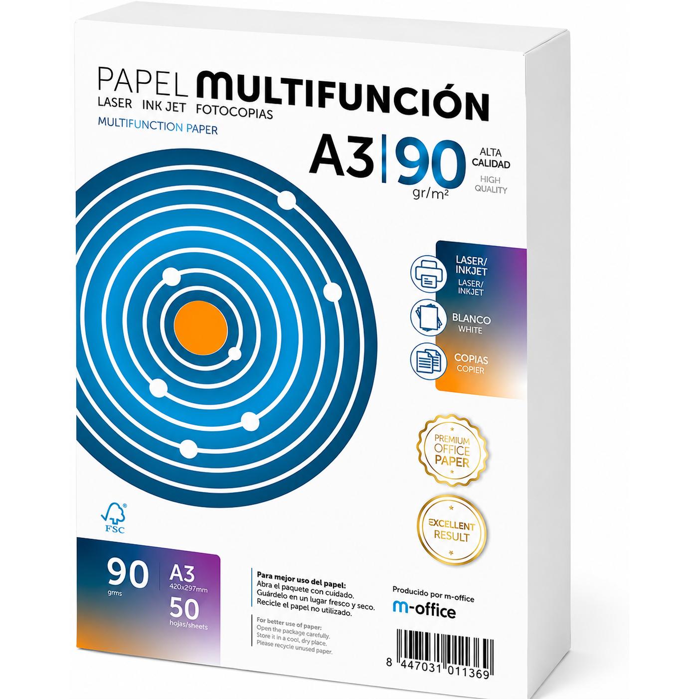 Folios A3 de Gramaje vairable y cantidades varias, Papel Multiusos para Impresora, Folios para Impresoras Laser y de Inyección, Fotocopiadora, Fax, Para uso Oficina, Material Escolar, Paquete folios. m-office