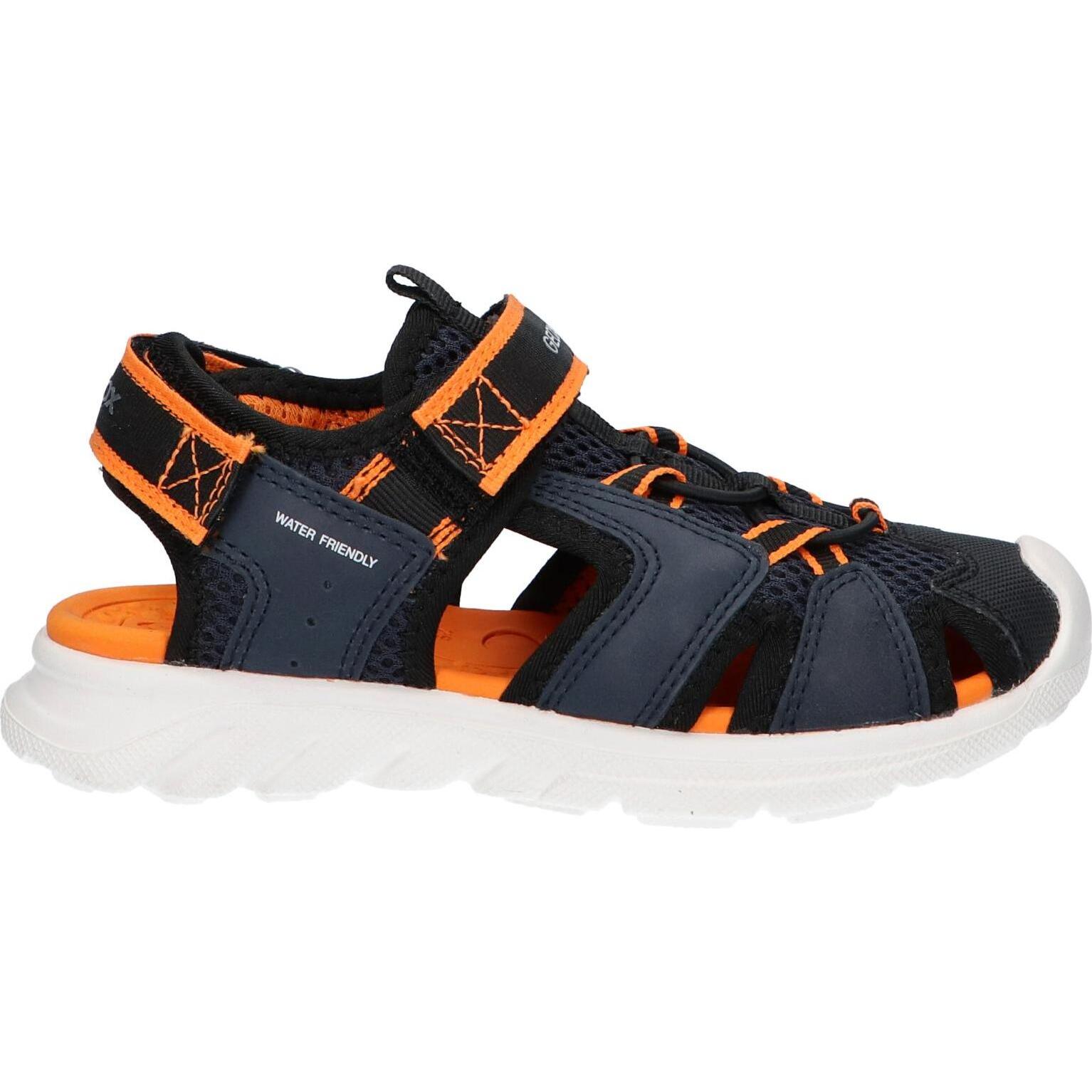 Geox J45F1F 014ME J SANDAL AIRADYUM boy sandals in navy-orange, breathable design with cushioned insole, flexible non-slip sole, ideal for active kids in spring/summer.