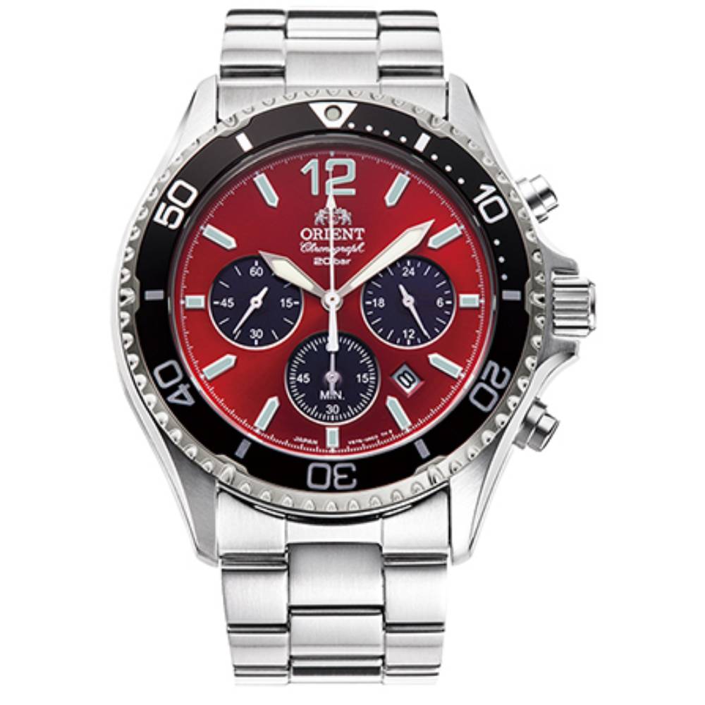 ​reloj cronógrafo hombre solar Orient Sports Chronograph Red Black Panda RA-TX0207R 42.8mm 200m WR cristal de zafiro correa de acero (funciona con energía solar o luz)