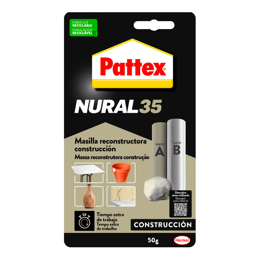 PATTEX Nural 35 Blanco Masilla Epoxi 50 g | Pegamento Bicomponente de Secado Lento para Mármol, Cerámica, Porcelana, Piedra, Hormigón y Sanitarios | Resiste 50 kg/cm² | Pega, Reconstruye, Rellena y Mecanizable
