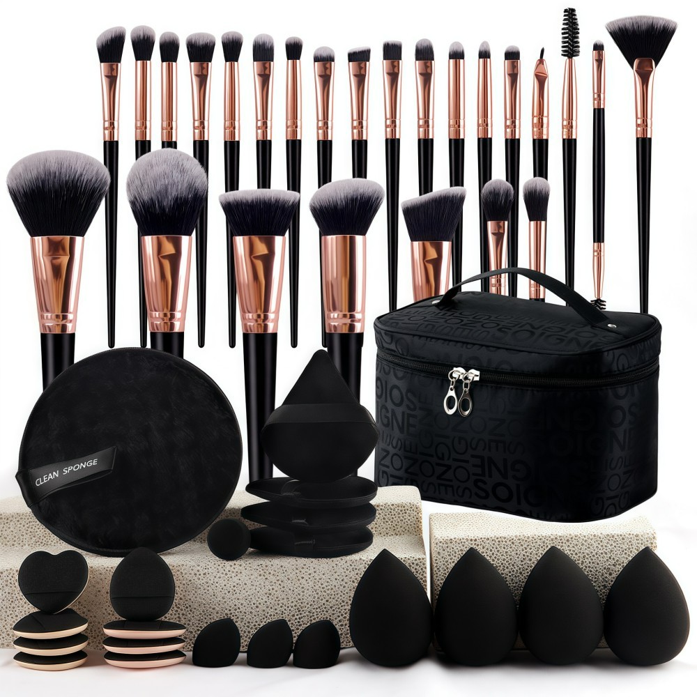 TK Neceser combinado de 47 piezas para herramientas de maquillaje, incluye estuche de cosméticos, juego de brochas de maquillaje, neceser de viaje, esponjas y herramientas de maquillaje (bolsa de cuadros negros de 47 piezas).
