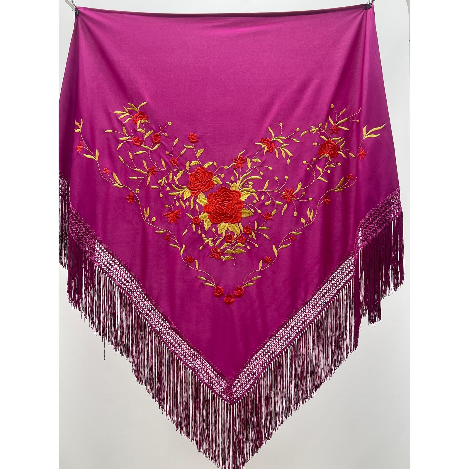 Mantón Flamenco color buganvilla con bordado dorado y rojo  – Bordado Floral    190 cm de largo por 90 cm de ancho,