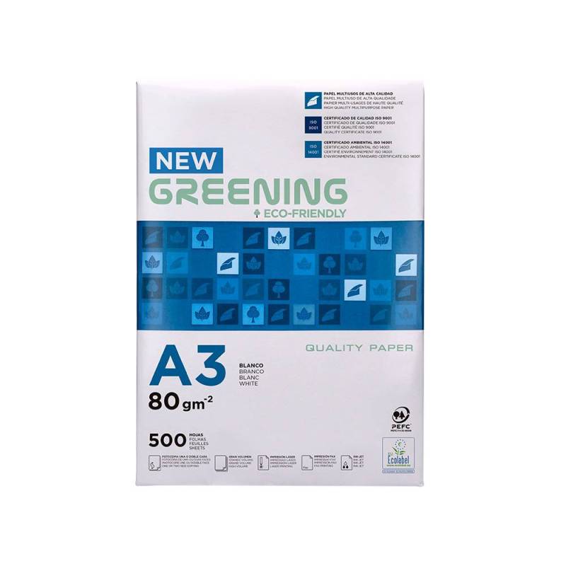Papel A3 (NO FOLIO), pack 500 hojas | GREENING - Papel 80 gramos, tamaño A3 (420 x 297 mm), apto para fotocopiadoras láser e ink-jet, color blanco // Ref: 163729