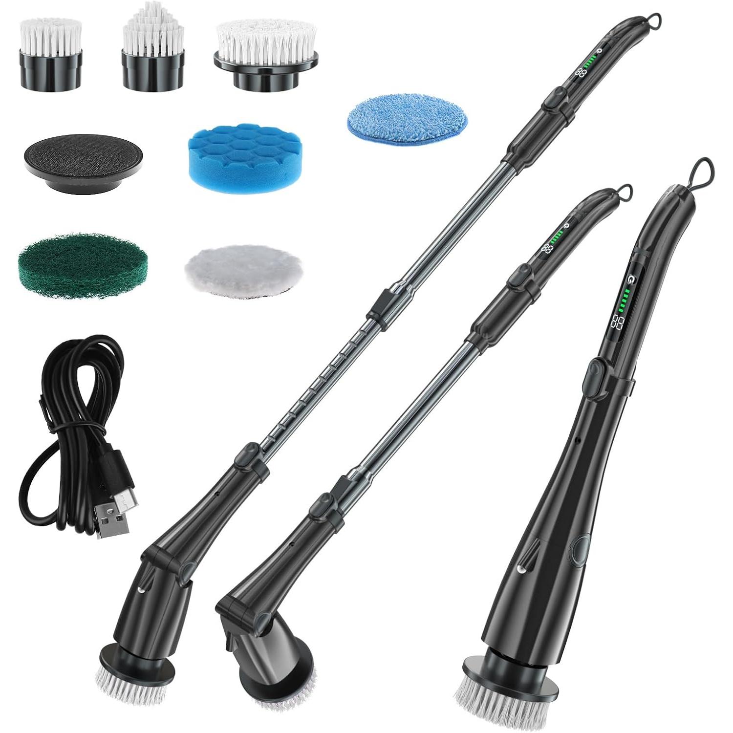 Limpiador eléctrico giratorio, IPX7, cepillo limpiador de baño impermeable, limpiador de ducha inalámbrico con 7 cabezales de repuesto y mango de extensión ajustable, suministros de limpieza