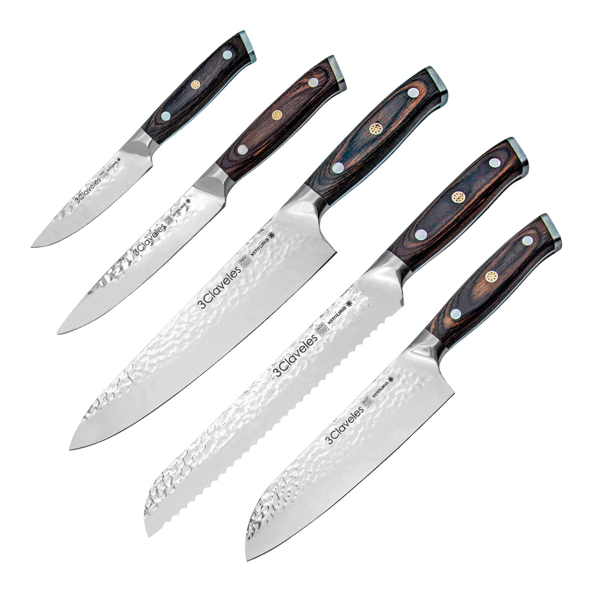 3 Claveles Kimura - Juego de 5 Cuchillos de Acero Forjado Hoja Martilleada Mango Pakka