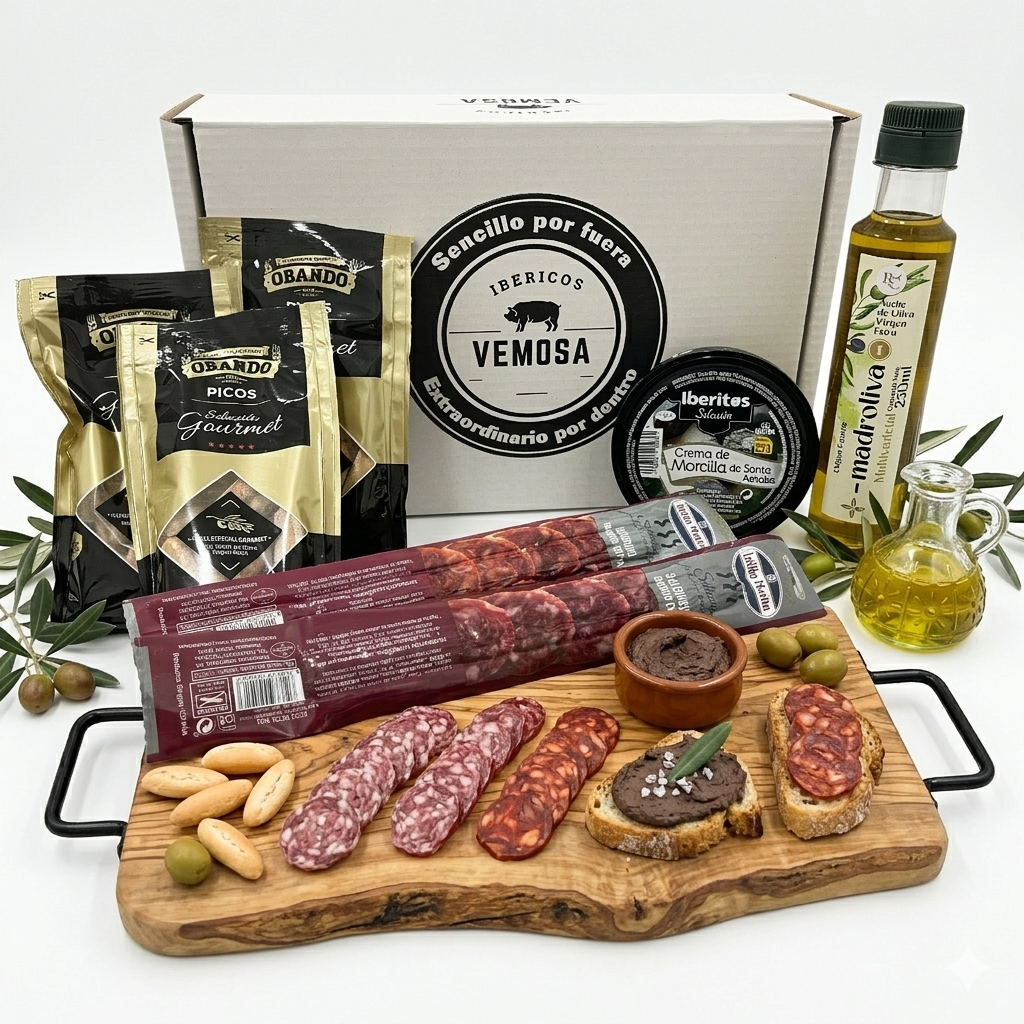 Pack Gourmet Ibérico Premium - Chorizo y Salchichón Extra, Crema de Morcilla, Aceite de Oliva Virgen Extra y Picos Obando en Caja Regalo Elegante para Navidad o Cumpleaños (CESTA Nº2)