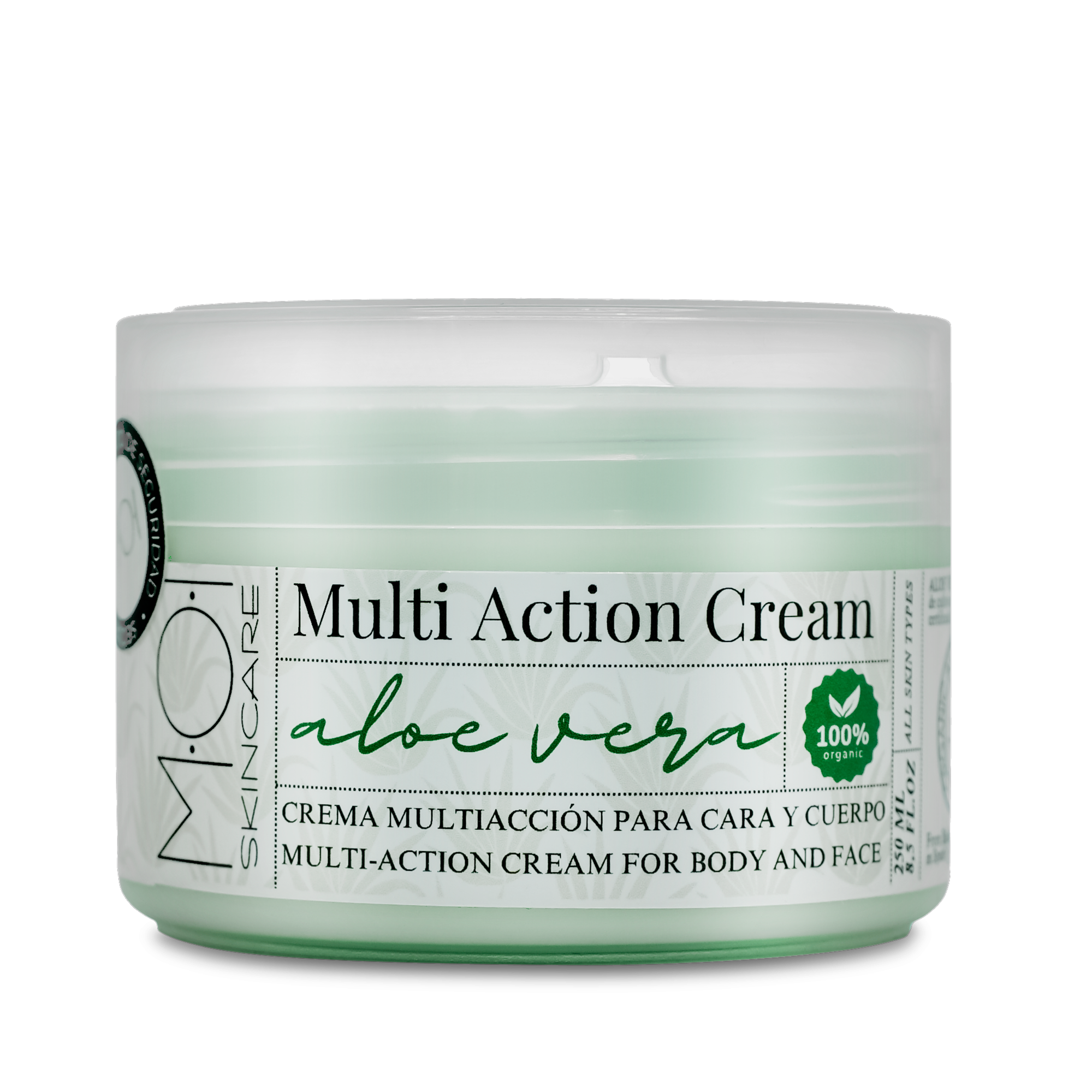 MULTI ACTION CREAM Aloe Vera, Crema Hidratante Multiacción, Crema facial y corporal, uso diario. Aloe Vera de Cultivo Ecológico Español. MOI SKINCARE 250 ml