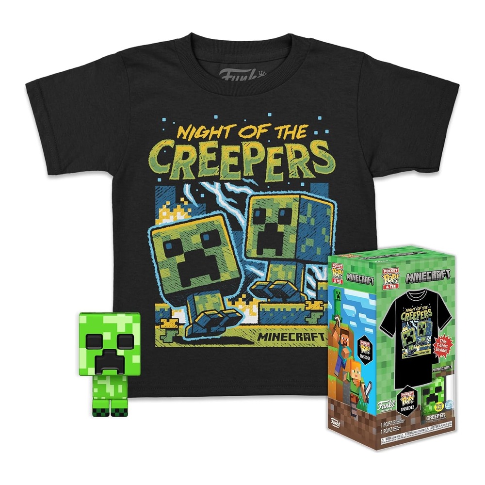 FUNKO POCKET POP! MINECRAFT CREEPER (GLOW IN THE DARK) SPECIAL EDITION + CAMISETA INFANTIL TALLA XL (11-12 AÑOS), 70313, TIENDA CON LICENCIA OFICIAL, FIGURA, JUGUETE, CABEZÓN, VINILO, MUÑECO, VIDEOJUEGO
