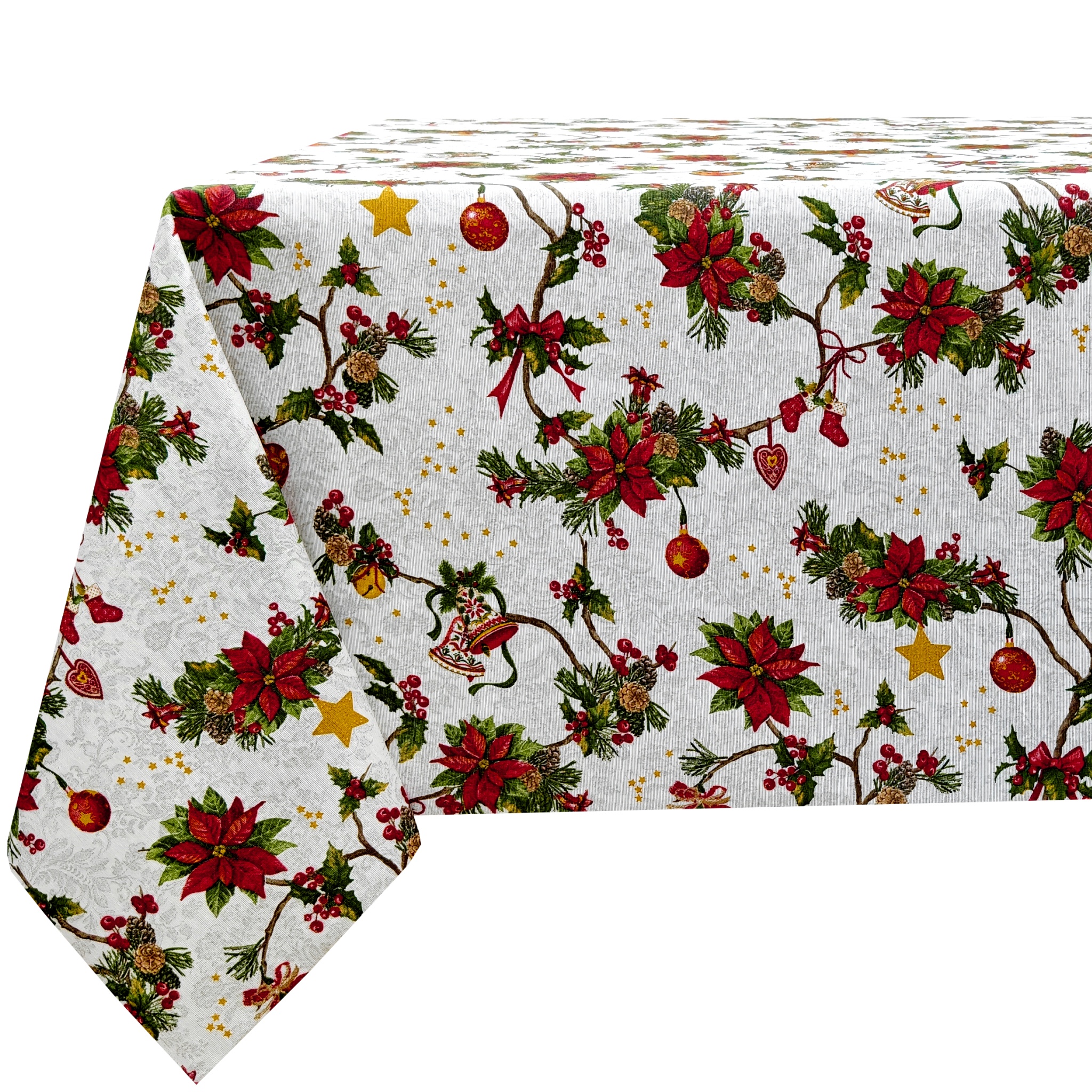 Mantel de Navidad de Tela Resinada Antimanchas e Impermeable, Diseño con Flores de Pascua Rojo Oscuro, Ramas de Abeto y Estrellas Doradas, Fondo Blanco Efecto Lino, para Cocina, Comedor y Decoración Navideña