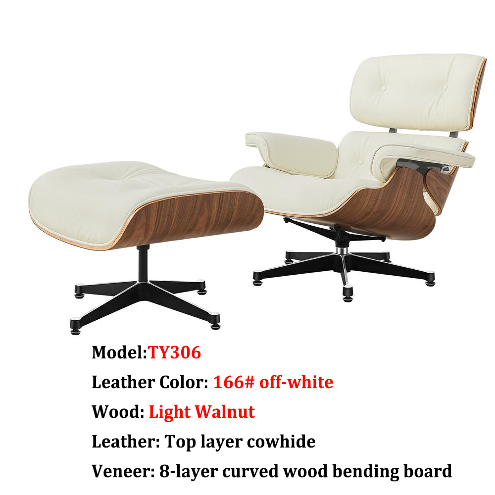 TY306 Leisure Recliner Light Walnut Armchair With Ivory White Cowhide Black Big Head Foot Swivel Deck Chair Furniture Ergonomic Design Office Lunch Break Chair Living Room Comfort Lounge Chair Genuine Top Layer Cowhide Aluminum Alloy Big Head Feet