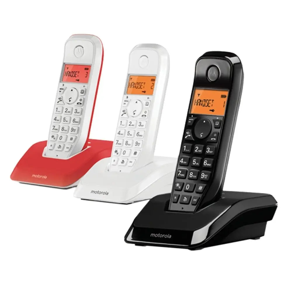 Motorola - Teléfonos inalámbricos S1203 trío pack 3 unidades con pantalla retroiluminada, manos libres y alcance hasta 300 m exterior