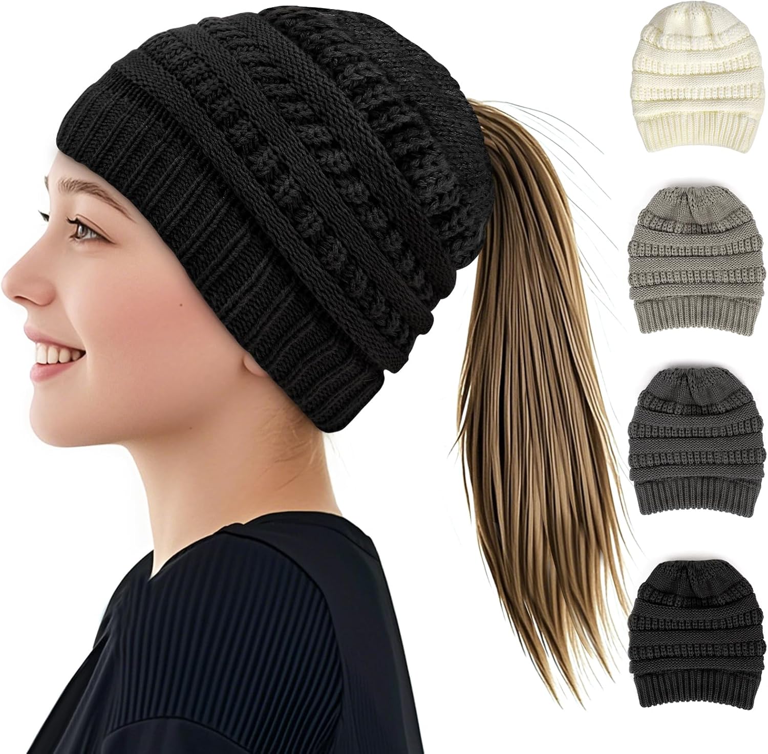 Gorro Punto de Cola de Caballo para Mujer, Sombreros Cálidos de Invierno, Gorros de Punto con Agujero para Coleta, Hip Hop with Agujero de Cola de Caballo, Sombrero Invierno para Mujer