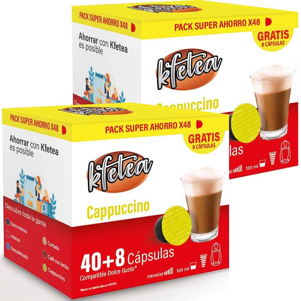 2 Cajas de Cappuccino Dolce gusto compatible  marca Kfetea 96 cápsulas,  Formato Super Ahorro