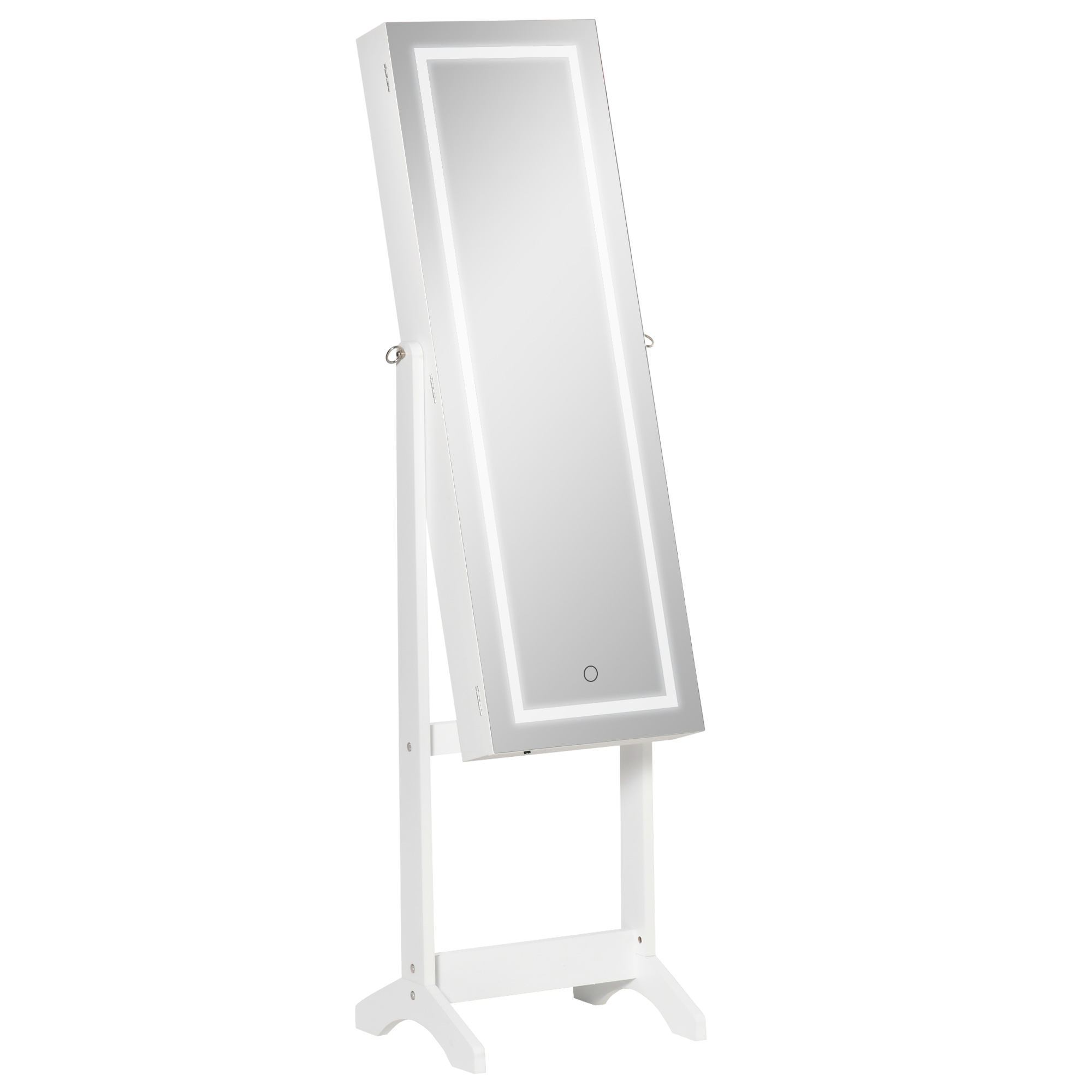 HOMCOM Espejo Joyero de Pie Armario de Joyería con Tira de Luces LED y Cerradura Magnética Organizador de Joyas con Estantes Ranuras para Anillos 46x36,5x151,5 cm Blanco