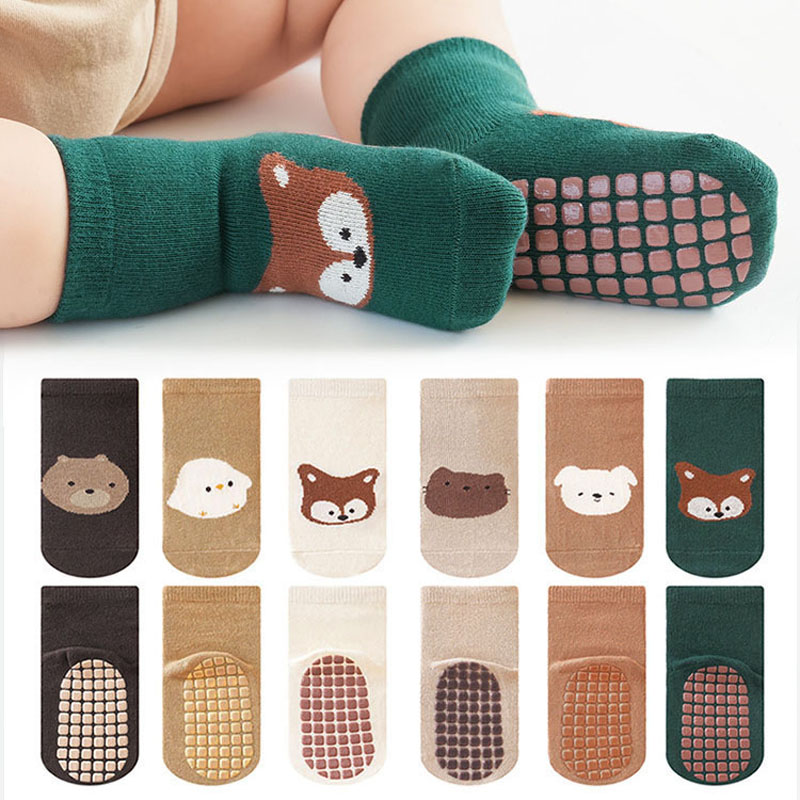 6 Pares De Calcetines Antideslizantes Para Niños Y Niñas Con Patrón De Zorro Y Oso Dibujos Animados Cómodos Para Bebés Y Niños De 1 a 6 Años