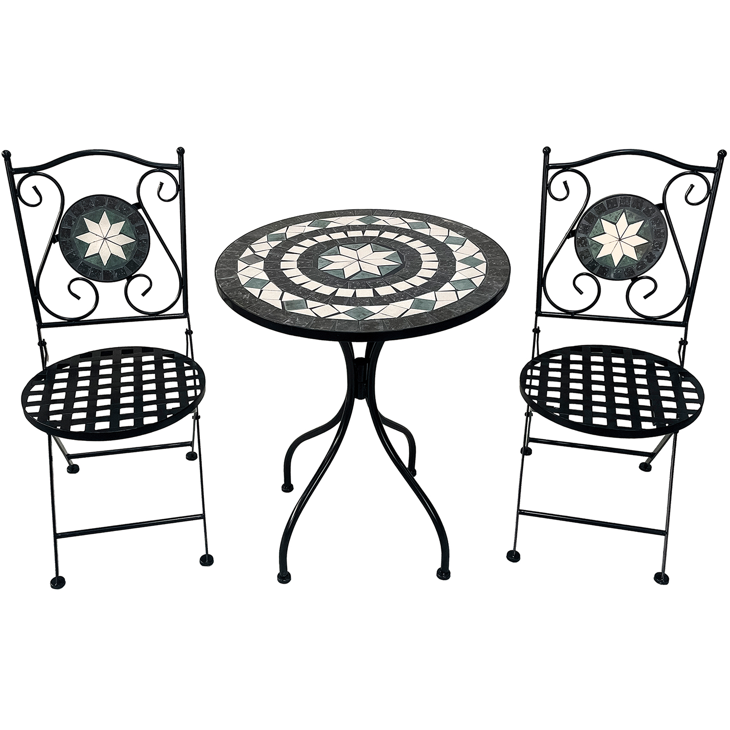 Set 2 sillas y mesa hierro, piedra decoradas mesa: 60x71cm silla: 36x42x92c