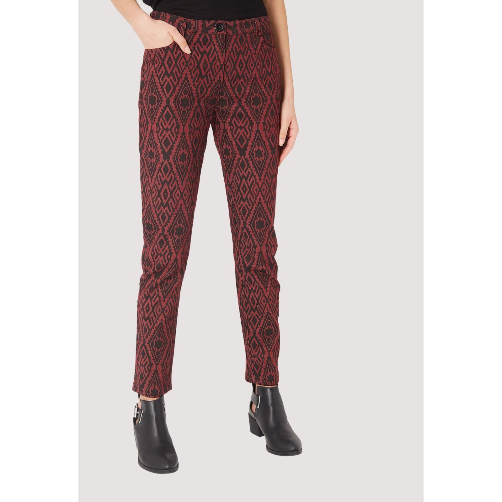 Pantalón mujer slim fit, pants estampado geométrico, tiro medio, tejido suave, corte entallado, estilo sofisticado, burdeos, talla 38, cómodo, versátil oficina y salidas, beneficios elegancia y confort, ✅Entrega 24/48h
