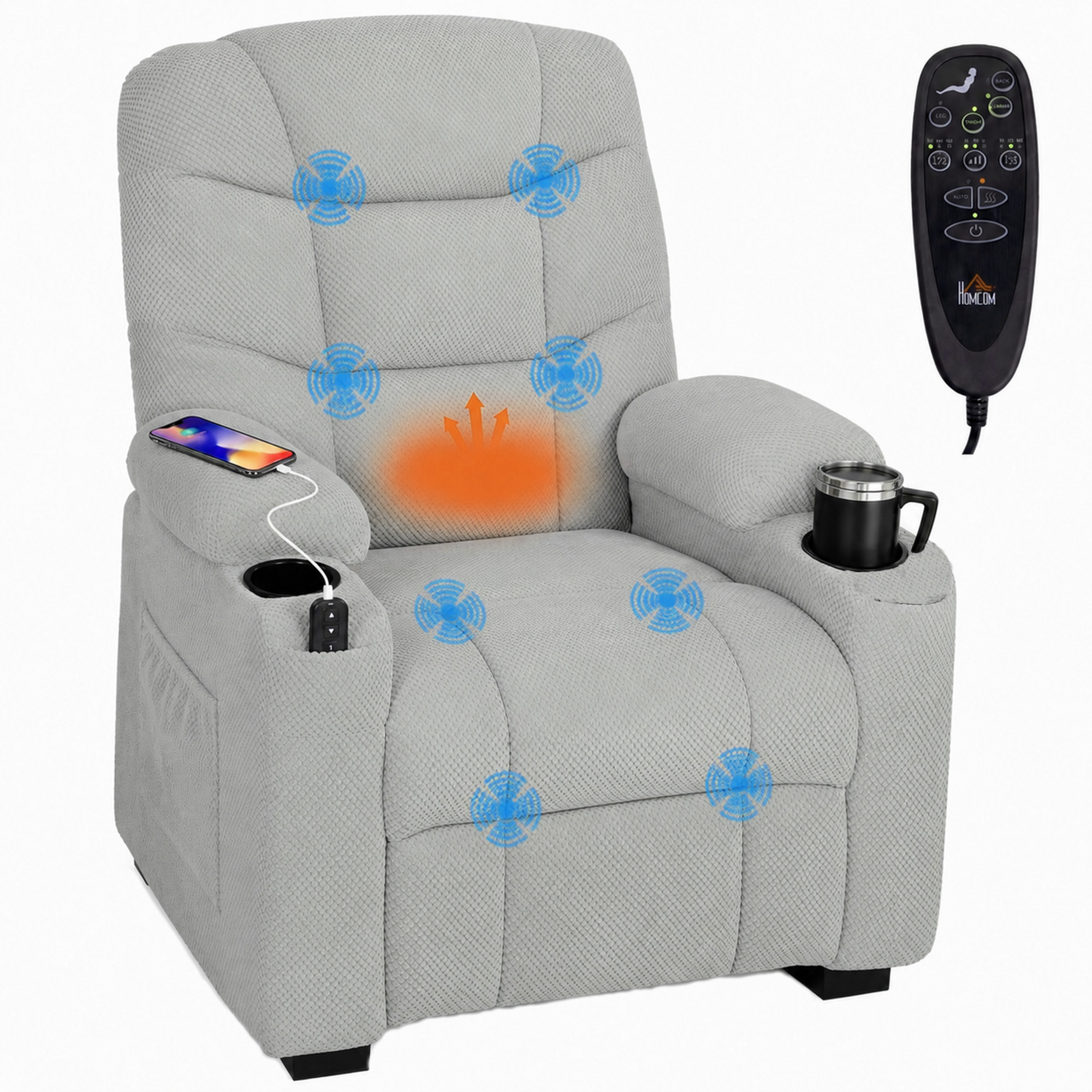 HOMCOM Sillón Relax Reclinable Eléctrico con Calor Lumbar y Masaje Vibración, Sillón Masaje Relax, Motor Silencioso, Función Memoria, Asiento Ancho, Bolsillos, Portavasos, USB, Tela Terciopelo