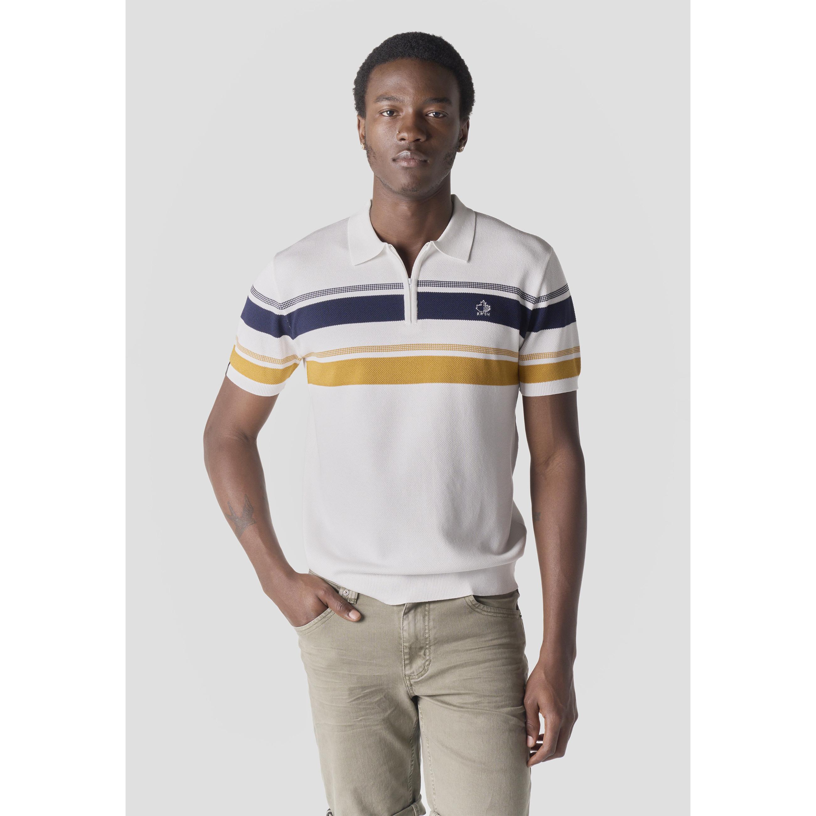 Koroshi - Polo hombre manga corta de punto con media cremallera y rayas color block, mezcla viscosa y poliamida, estilo retro años 70