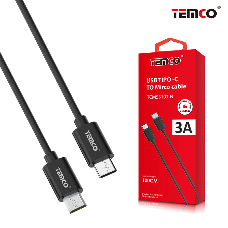 Cable TPE 3A 1m Tipo-C a Micro USB Negro