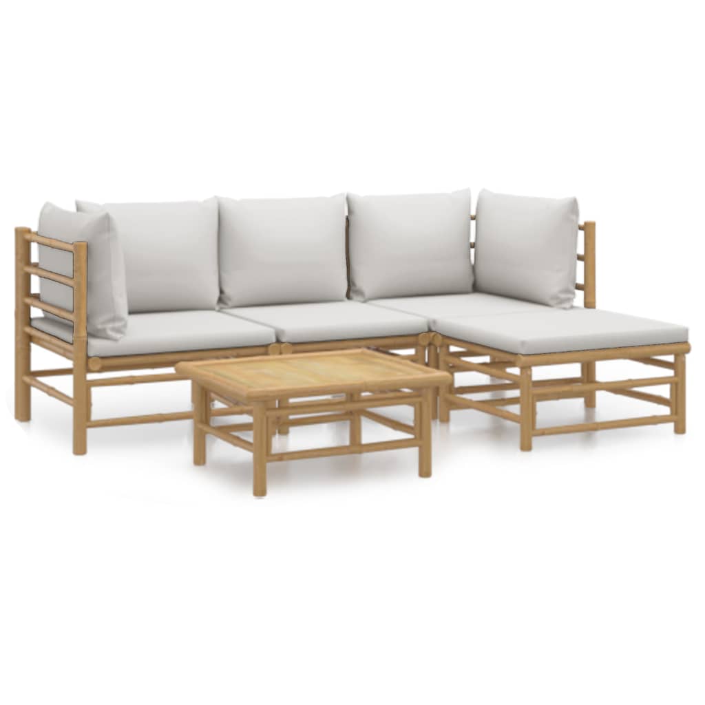 vidaXL Set de muebles de jardín 5 piezas bambú y cojines gris claro