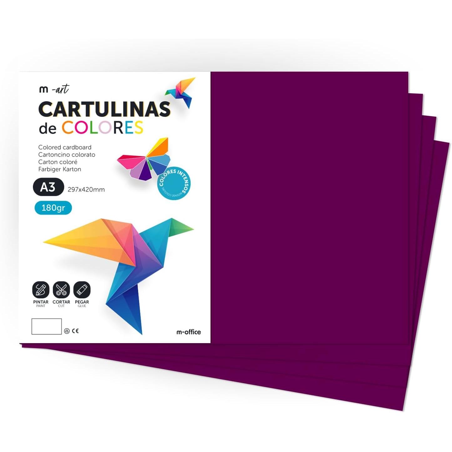 Cartulina de Colores, Cartulina A4 Colores Intensos, Hojas de Colores 180gr para Manualidades, Imprimir tus Documentos y Diseños Creativos, Folios de Colores A4 · m-office (50 hojas, Morado)