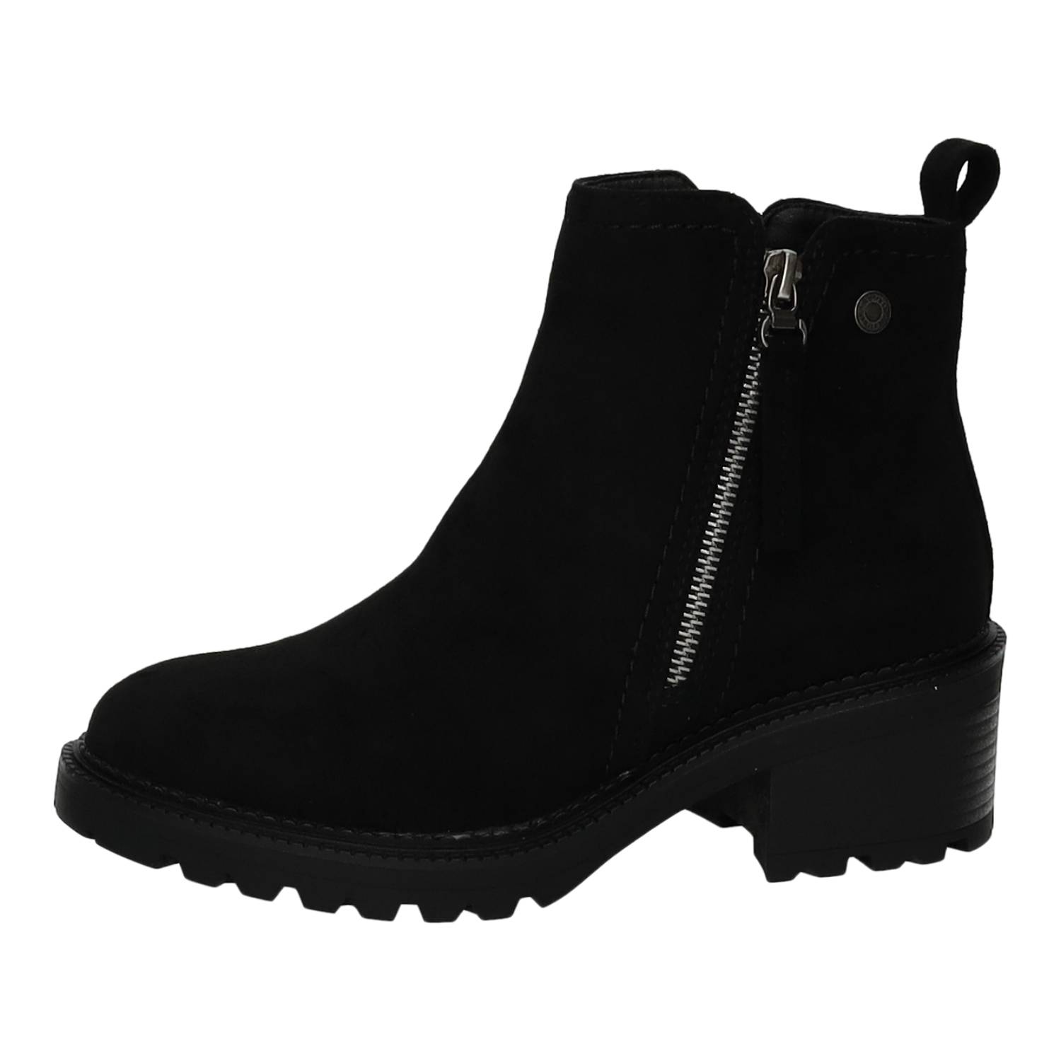 Botines marca REFRESH para mujer en color negro. Calzado de Antelina, Doble Cremallera, Tacón Ancho Medio, Suela Dentada, Plantilla Extraíble, Producto Vegano