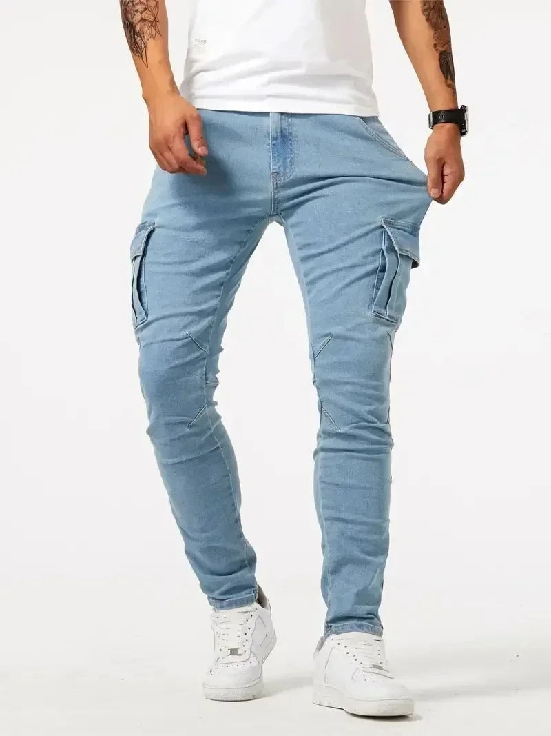 TK Pantalones De Mezclilla Ajustados Para Hombre Estilo Calleje Con Múltiples Bolsillos Y Cierre De Cremallera Jeans De Color Sólido Casual Para Uso Diario