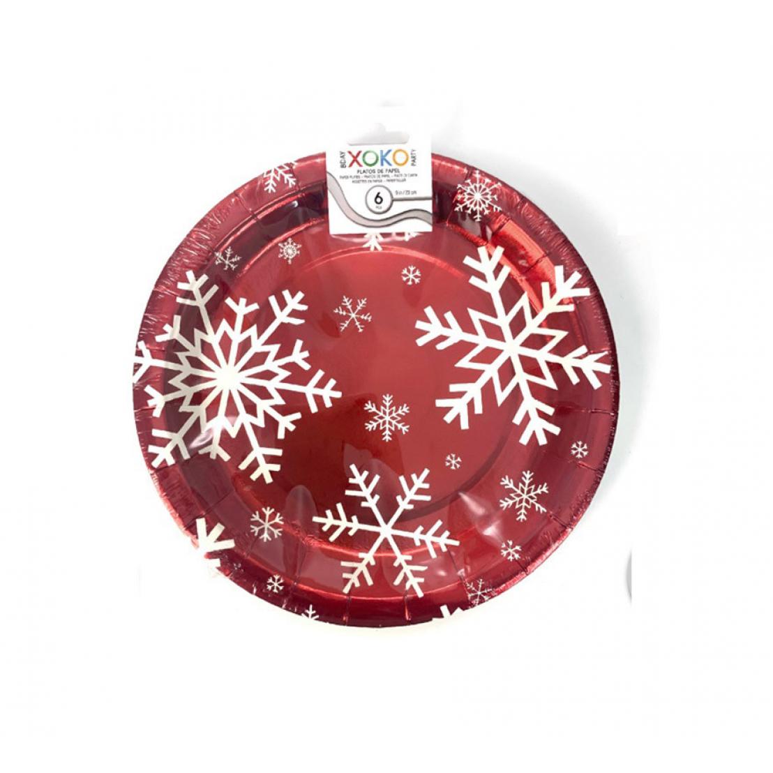 Partilandia 6 Platos de papel Rojo con Copos de Nieve de 23 cm