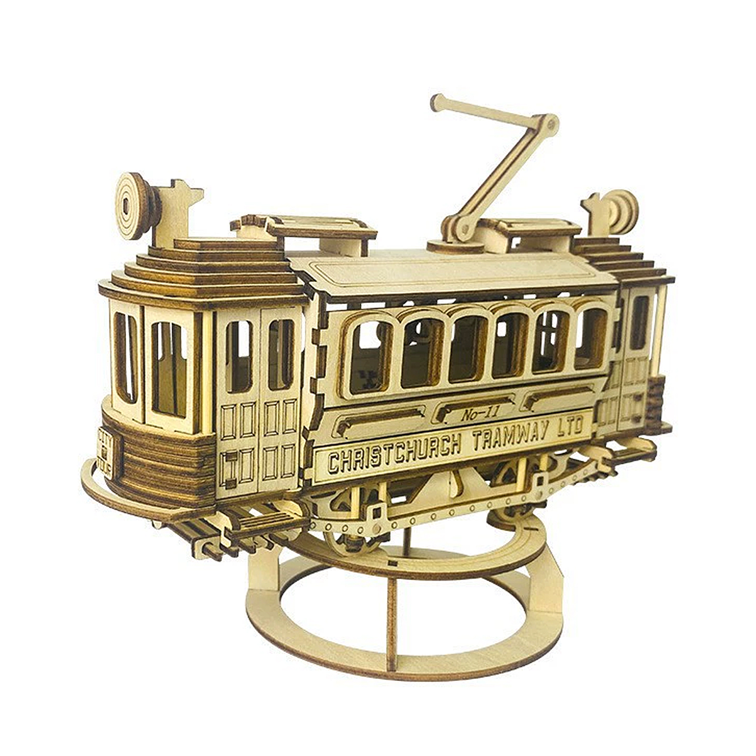 DAM. Maqueta de Madera 3D, con movimiento mecánico diseño de Tranvía Antiguo. 179 piezas. 17x5x9cm.