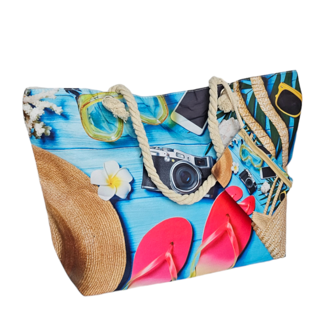 Bolso de playa Grande Familiar, Bolsa de Playa con Cremallera Lona Grande XL Doble asa con Monedero para Viaje, Verano, Kebedo Moda