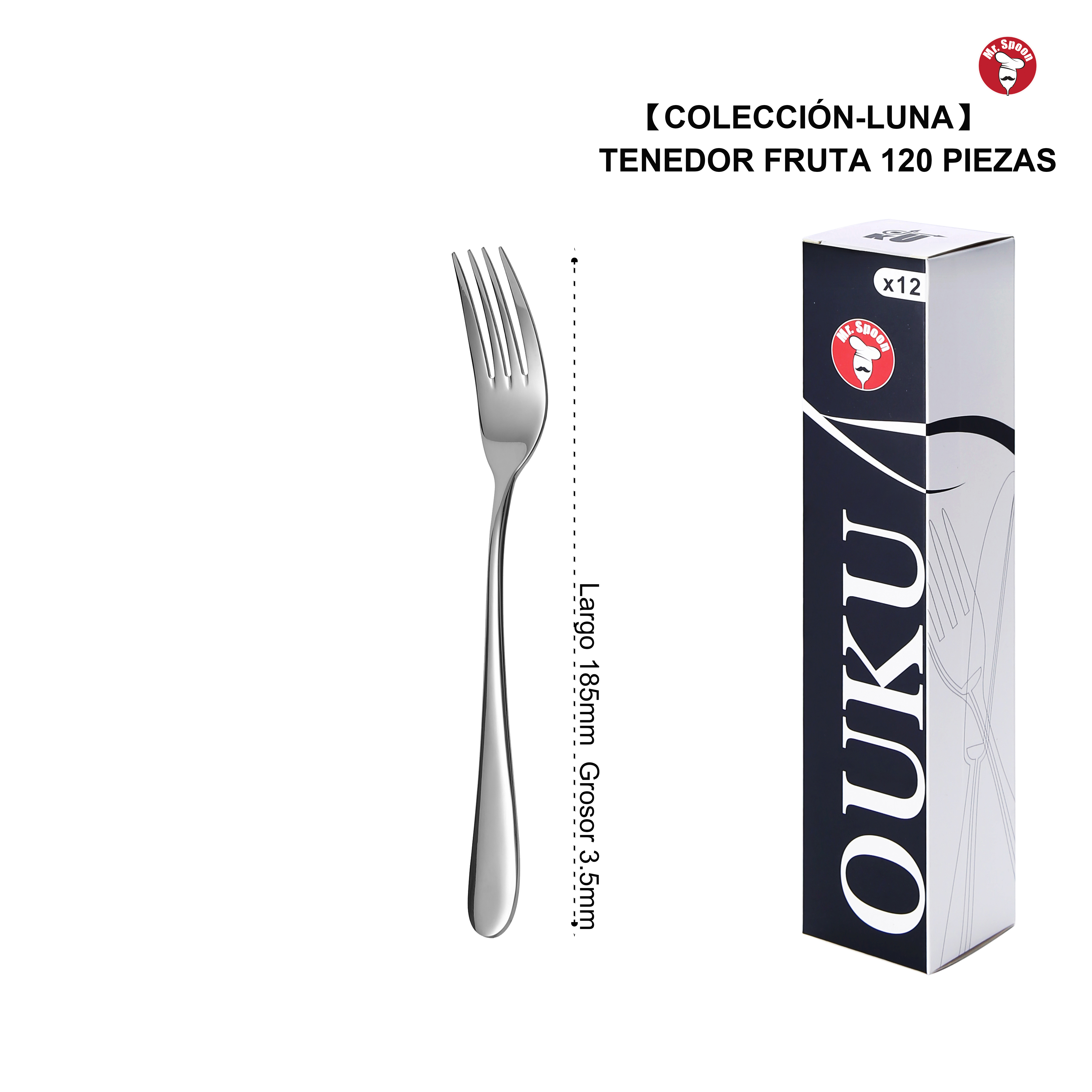 Mr.Spoon Serie Luna Tenedores 12, 48 o 120 piezas,Acero inoxidable 18/10,Alta calidad y acabado,Tenedor de mesa largo 204mm,tenedor fruta 185mm,tenedor postre 138mm,Mango monobloque,Apto para lavavajillas,Caja ecológica,Ideal para casa,hotel,restaurante