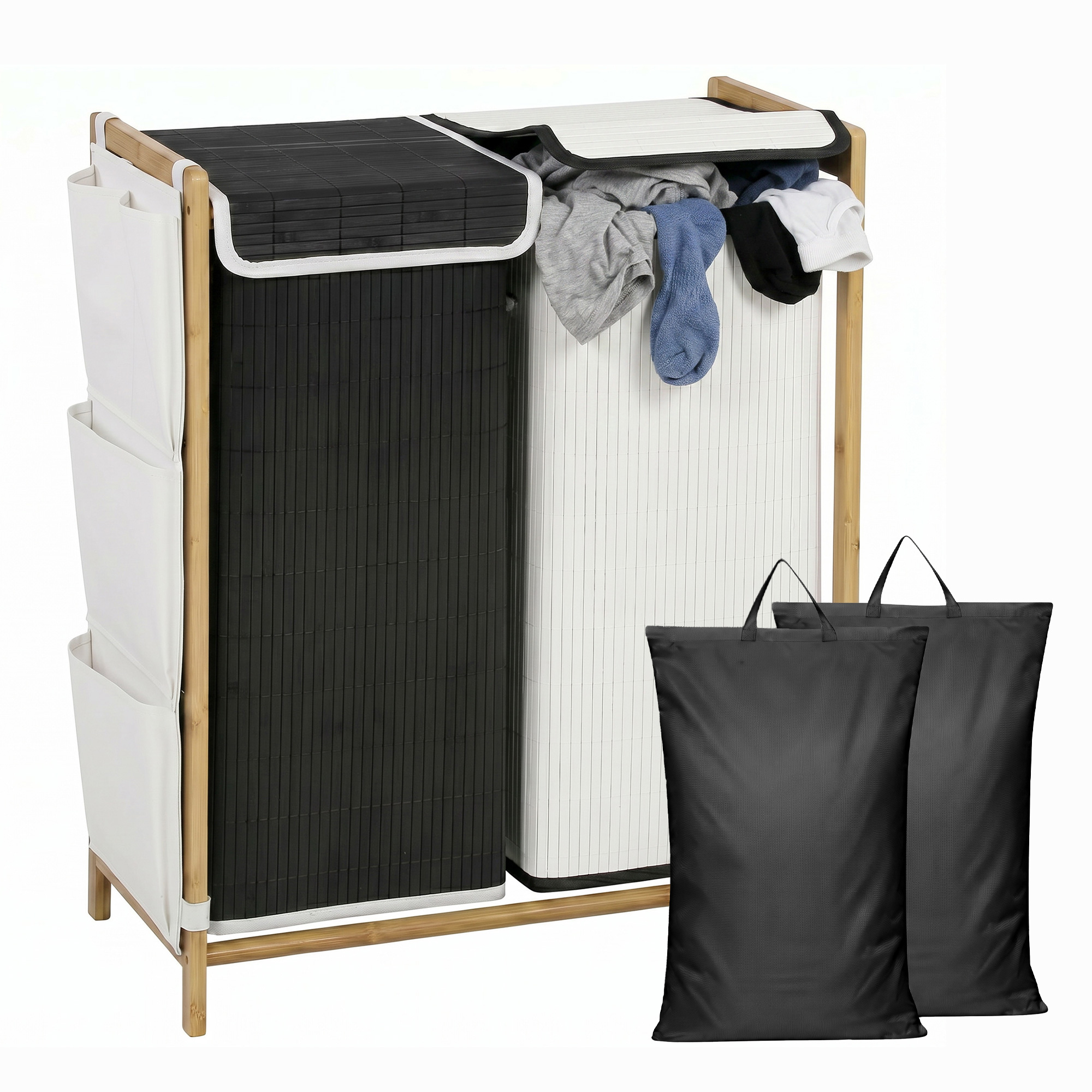 HOMCOM Cesto de Ropa Sucia con Tapa, 120L, Cesta de Ropa Sucia de Bambú con 2 Compartimentos, Bolsas Extraíbles y Lavables con Cordón, Bolsillos Laterales, para Lavandería, 63x33x78 cm, Blanco y Negro