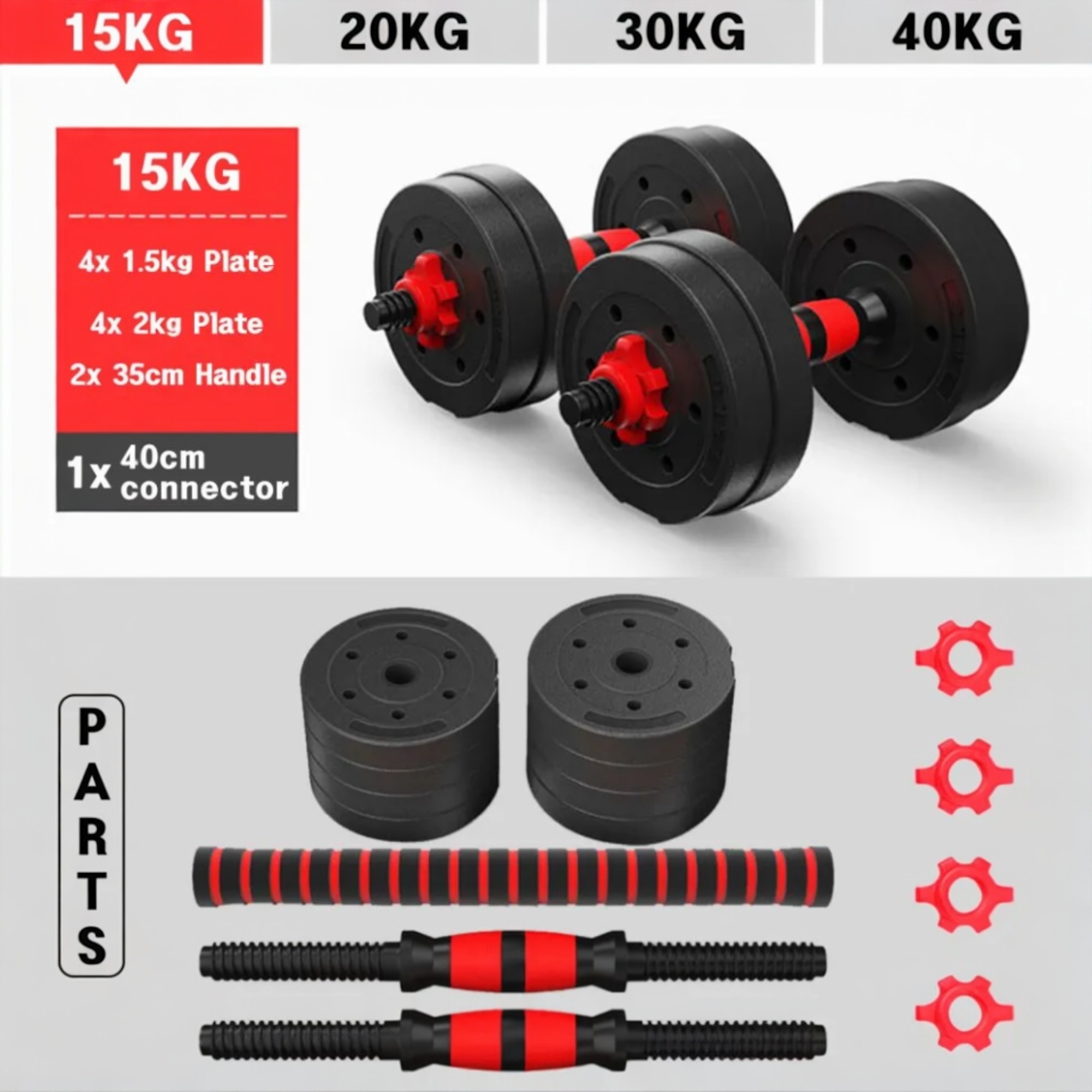 Juego De Mancuernas Ajustables 2 en 1,con barras,Multifución 10KG-15KG-20KG-30KG. Juego de Pesas con Barra Libremente Combinable con Barras Conexión, 10/15KG/20KG/30KG... ajustables, mancuernas cortas y largas mancuena (man)