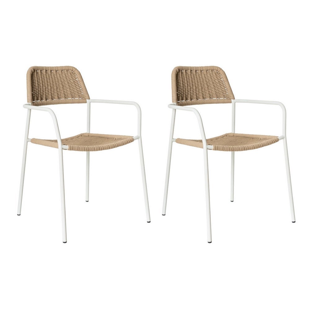 Pack 2 Silla Milos exterior, acero Blanco y cuerda trenzada Beige De 55x55x83 cm, Ergonómica y Apilable, Tratamiento Anticorrosión. Resistentes y Duraderas, Calidad y Diseño. MONTY