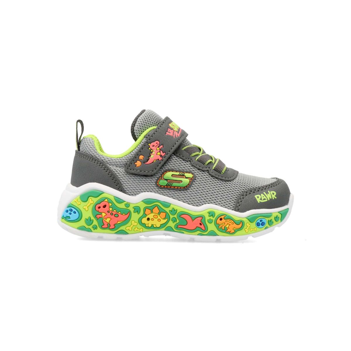 Skechers - Zapatillas deportivas dinosaurios Play Scene para niño, con parte superior de malla y material sintético, cordones elásticos y correa ajustable