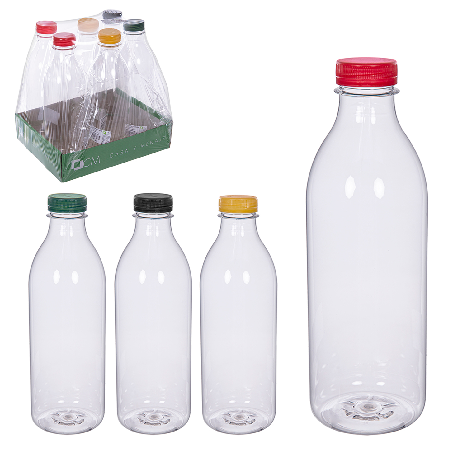 Botellas PET para almacenamiento de líquidos: pack 6/12 unidades, ligera y transparente, ideal para cocina, oficina o uso diario — tamaños múltiples y tapones surtidos