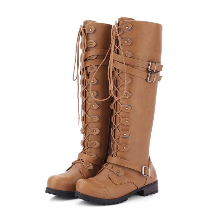 Botas de Caballero de gran tamaño para Mujer, BOTAS Altas de PU with Tacón Cuadrado y cinturón de cinturón con Remaches de Cabeza Redonda para Mujer.