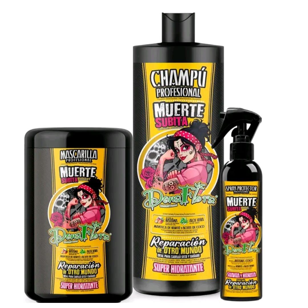 Dona Flora Muerte Súbita Pack Completo Champú 1000ml + Mascarilla 1000ml + Protector Spray 200ml – Reparación Hidratación Protección Térmica Cabello Dañado