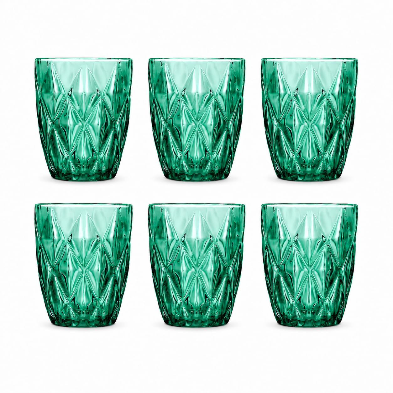 Pack 6 Vasos de Cristal Verde 300 ml – Vasos para Agua y Refrescos Diseño Diamante, Cristal Resistente – Aptos Lavavajillas, No Pierden Brillo – Vasos Apilables Elegantes para Mesa, Cocina y Cócteles