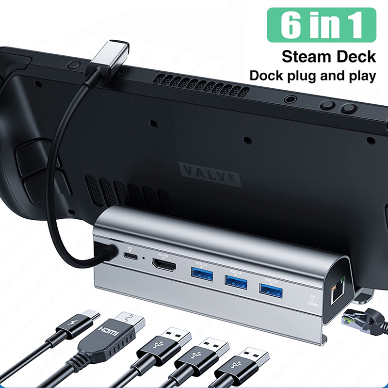 TK BLUEKAKA Steam Deck Dock 6 en 1 Steam Deck Rog Ally, estación de acoplamiento, soporte, accesorios, 3 x USB 3,0 HDMI 4K @ 60Hz Gigabit Ethernet PD 60W Hub