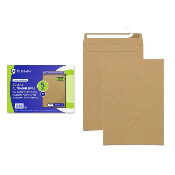 Bismark pack de 5 sobres de papel kraft 90gr - medidas 229x324mm - cierre autoadhesivo - color marron