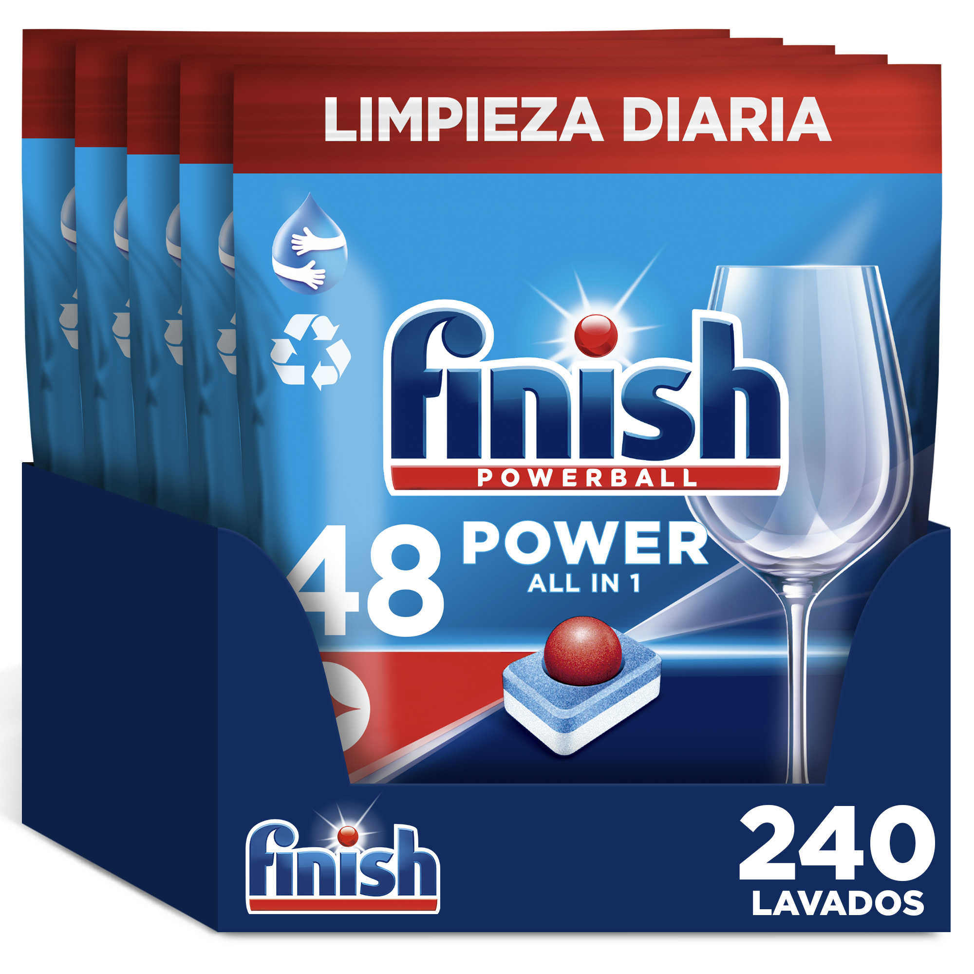 Finish Powerball Power All in 1 Pastillas para lavavajillas Regular 240 pastillas, Limpieza y Brillo Diario